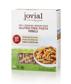 Jovial gluten-free organic brown rice fusilli pasta box with pasta and dish image.