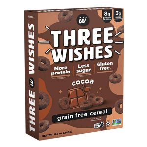 Healthy Roots Three Wishes gluten free cocoa cereal box with chocolate pieces.