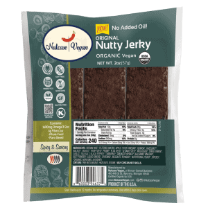 Organic vegan nutty jerky snack with no added oil, gluten-free, and non-GMO.
