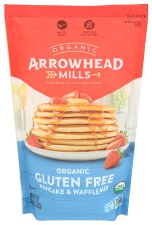 Organic gluten free pancake and waffle mix in resealable bag from Arrowhead Mills.