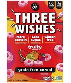 Healthy Roots Three Wishes cereal with colorful fruit shapes and gluten-free label.