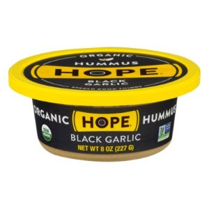 Hope Organic Black Garlic Hummus container with black and yellow design.