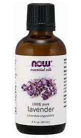 Lavender essential oil in a 2oz amber bottle with purple label.