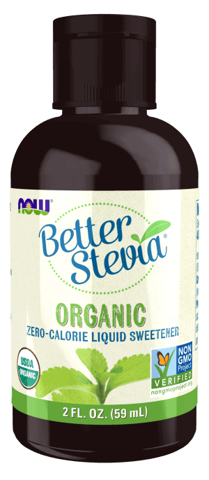 Better Stevia organic zero-calorie liquid sweetener bottle with green leaves.