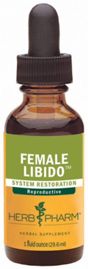 Herb Pharm Female Libido herbal supplement in small amber bottle with dropper.