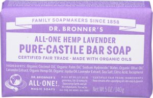 Dr. Bronner's lavender soap bar with organic ingredients and fair trade certification.