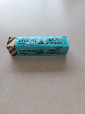 Zot Licorice Gf 1.66oz gluten-free hard candy on a plain surface.