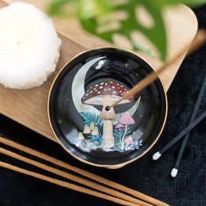 Decorative ceramic incense plate with mushroom and forest design for meditation.