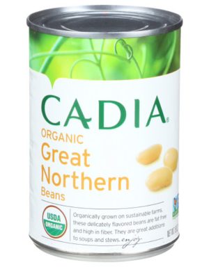 Canned organic Great Northern beans in a green and white label.