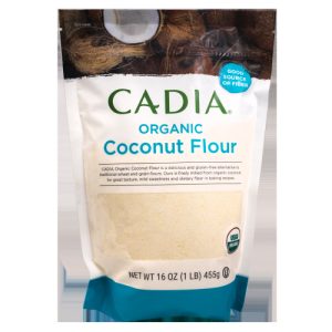 Organic coconut flour from Cadia, gluten-free and high fiber, 16oz package for healthy baking.