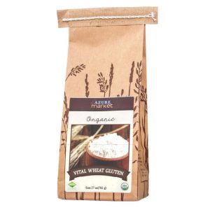 Organic vital wheat gluten in a brown paper bag for baking and cooking.