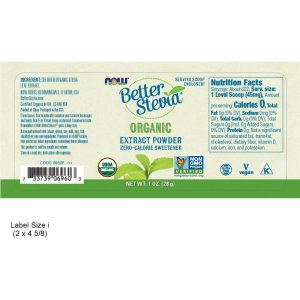 Better Stevia organic extract powder in a package with nutrition facts and certifications.