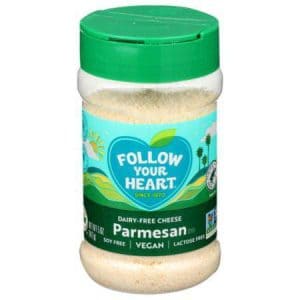 Vegan dairy-free Parmesan cheese from Follow Your Heart with green lid.