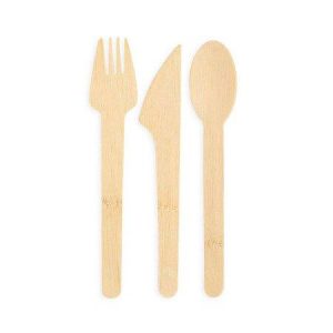 Eco-friendly bamboo fork, knife, and spoon for sustainable dining.