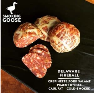 Delaware Fireball smoked sausage from Healthy Roots with marbled fat and spices.