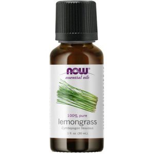 Lemongrass essential oil bottle with label and black cap.