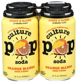 Healthy Roots Culture Pop soda with orange mango flavor and chili lime.