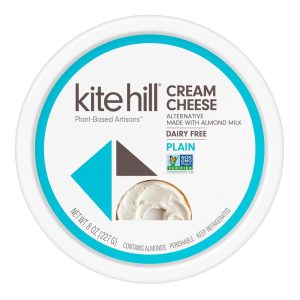 Kite Hill plant-based cream cheese spread with almond milk, dairy free, non-GMO, plain flavor.
