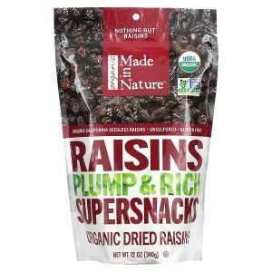 Organic dried raisins from Healthy Roots with USDA Organic and Non-GMO Project verified labels.