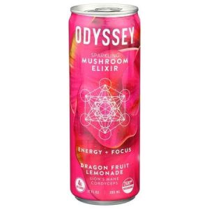 Odyssey Sparkling Mushroom Elixir can with dragon fruit and lemon flavor.