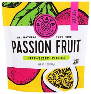 Passion fruit bite-sized pieces in vibrant packaging for healthy snacking.