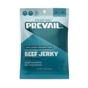 Healthy Roots Prevail Beef Jerky Original 2.25oz package for healthy snacking.