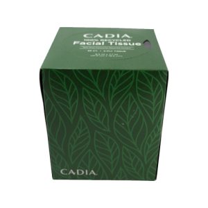 Cadia facial tissue box with green leaf design for skincare and hygiene.