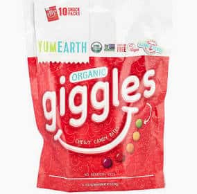 Organic Giggles Gummies in red packaging with colorful candies and playful design.