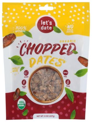 Organic chopped dates in resealable bag with natural and vegan labels.