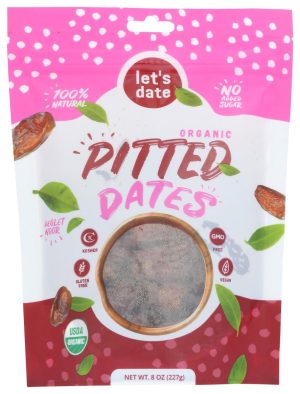 Organic pitted dates in a pink and white package with green leaves and product info.