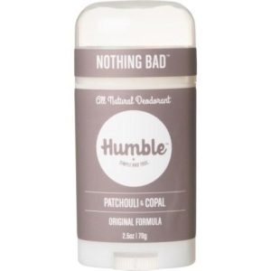 Humble natural deodorant stick with Patchouli and Copal scents for fresh underarms.