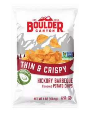 Boulder Canyon Hickory BBQ Potato Chips in bag with mountain logo.