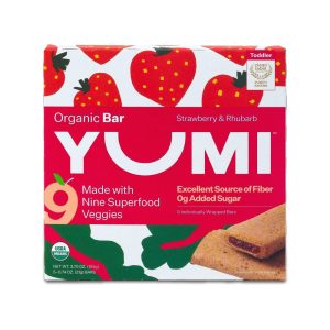 Yumi Organic Strawberry Rhubarb Bar packaging with strawberries and rhubarb image.