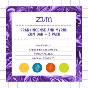 Packaging of Zum Bar Goat Milk Soap with frankincense and myrrh scent.