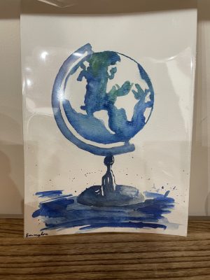 Watercolor painting of Earth with a child holding a plant, symbolizing growth and sustainability.