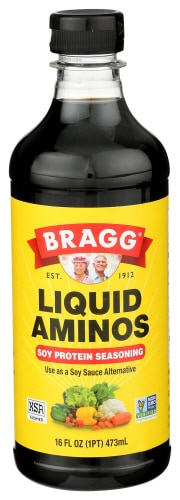 Bragg Liquid Aminos soy sauce alternative in a 16 oz bottle for healthy cooking.