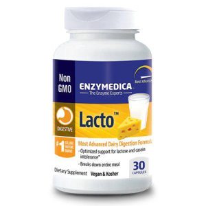 EnzyMedica Lacto probiotic supplement bottle with dairy and cheese imagery.