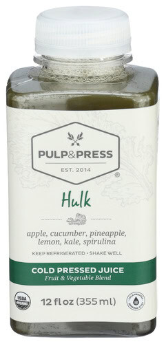 Healthy Roots Hulk juice bottle with apple, cucumber, pineapple, lemon, kale, spirulina.