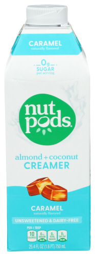 NutPods caramel almond coconut creamer bottle for coffee and beverages.