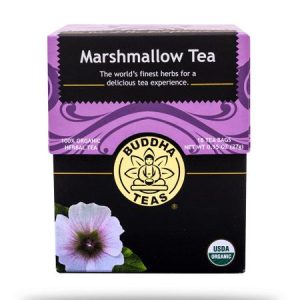 Buddha Teas Marshmallow Tea box with herbal tea bags and organic certification.