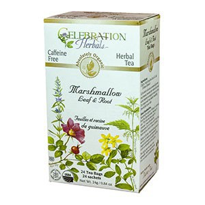 Herbal tea box featuring marshmallow leaf and root with herbal illustrations.