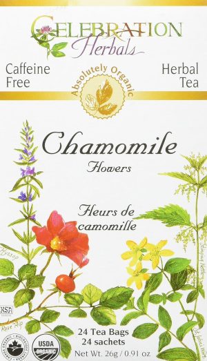 Healthy Roots organic chamomile herbal tea with flowers and leaves.