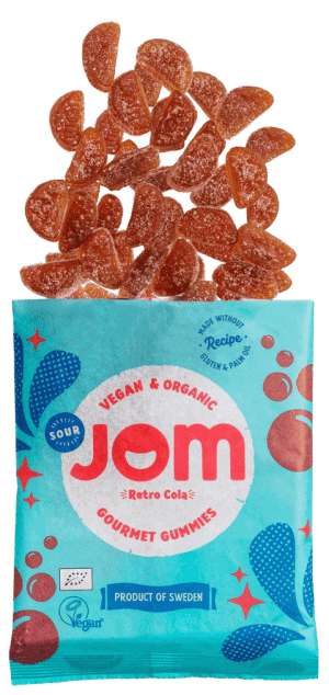 Vegan organic cola flavored gummies in a blue package with red and blue design.