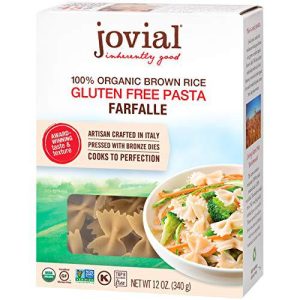 Jovial gluten-free organic brown rice farfalle pasta box with a pasta dish.
