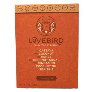 Lovebird grain-free cereal box with cinnamon flavor and organic ingredients.