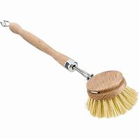 Eco-friendly dish brush with long wooden handle and natural bristles.