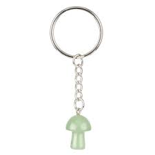 Aventurine mushroom keyring with silver chain on a white background.