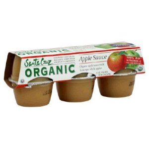Organic applesauce cups in a 6-pack with Santa Cruz branding and apple image.