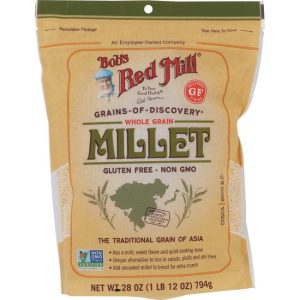 Bob's Red Mill millet package with gluten-free and non-GMO labels.