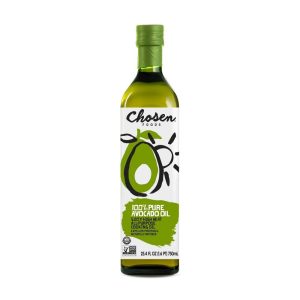 Chosen Foods 100% pure avocado oil bottle with label and green cap.